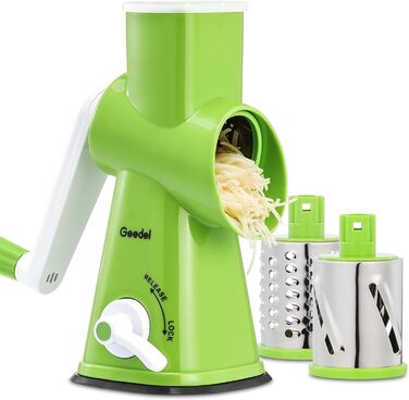 Терка для сиру, Ручна барабанна тертка з 3 знімними барабанними лезами, Овочерізка для швидкого різання, ідеально підходить як терка для картоплі, Терка для горіхів з рукояткою, Подрібнювач горіхів, Подрібнювач мигдалю (Зелений)