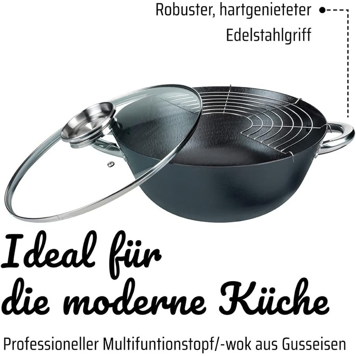 Глибока сковорода вок 32 см з кришкою, решіткою, лопаткою та паличками для їжи GSW