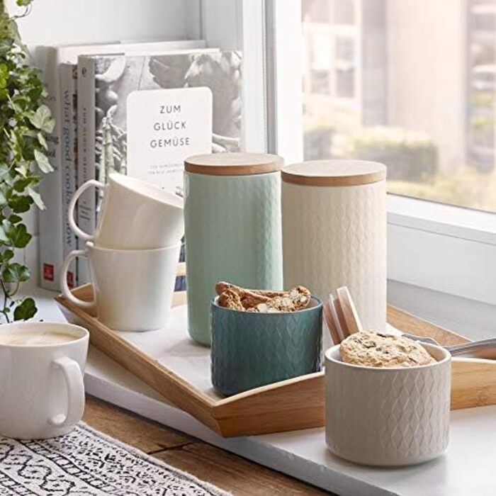 Керамічні банки для зберігання SPRINGLANE з дерев'яною кришкою м'ята, гумова дерев'яна кришка, ящики для зберігання, ящики для зберігання їжі - ( темно-зелений 10x9 см)