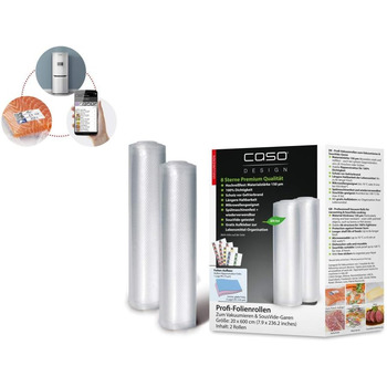 Рулони професійної плівки CASO / 2 рулони, для всіх вакуумних пакувальників, без бісфенолу А, дуже міцні та стійкі до розривів приблизно 150 мкм, ароматостійкі, стійкі до кипіння, су-від, багаторазові, в т.ч. наклейка Food Manager, прозора (одинарна, 20x6