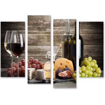 Картина Islandburner на полотні, натюрморт з вином та сиром перед дерев&39яними настінними картинами, настінні картини, постер (полотно 130x80 см - 4 частини)