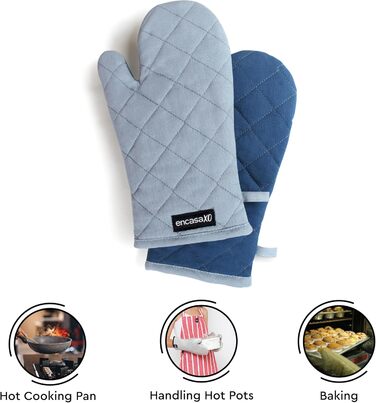 Рукавички для мікрохвильової печі Encasa Homes Extra Long (2 шт.) для кухні - Силіконові сріблясті термостійкі - Захищають руки від гарячого обладнання - (17x29 см, сірий та кобальтово-синій)