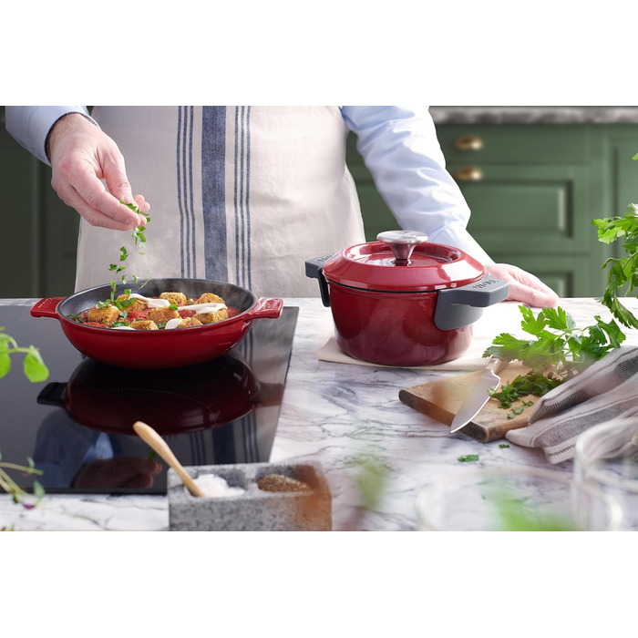 Чавунна каструля Ø 24 см, синього кольору, з кришкою та силіконовими ручками Емальований чавун, підходить для індукції та духовки для всіх типів плит Ø 24 см, висота 11 см, 4,2 літра (Чилі Червоний, Ø 16 см, висота 8 см, 1,3 літра)