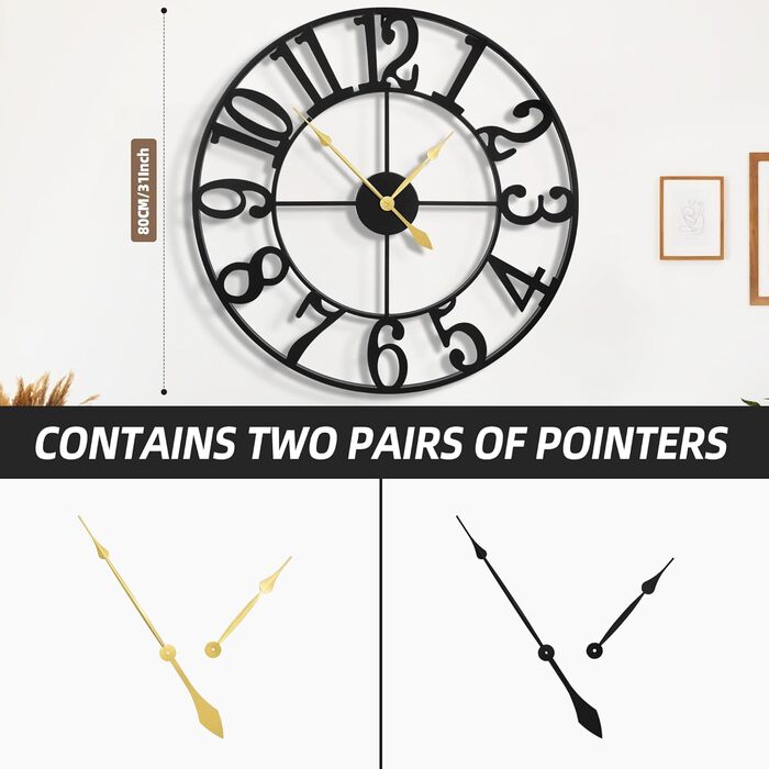Великий круглий металевий настінний годинник у вінтажному стилі з безшумним нецокаючим годинником на батарейках 40 см, 16-дюймові римські цифри, годинники для вітальні, спальні, кухні, настінний годинник-прикраса (чорні арабські цифри, 80 см)