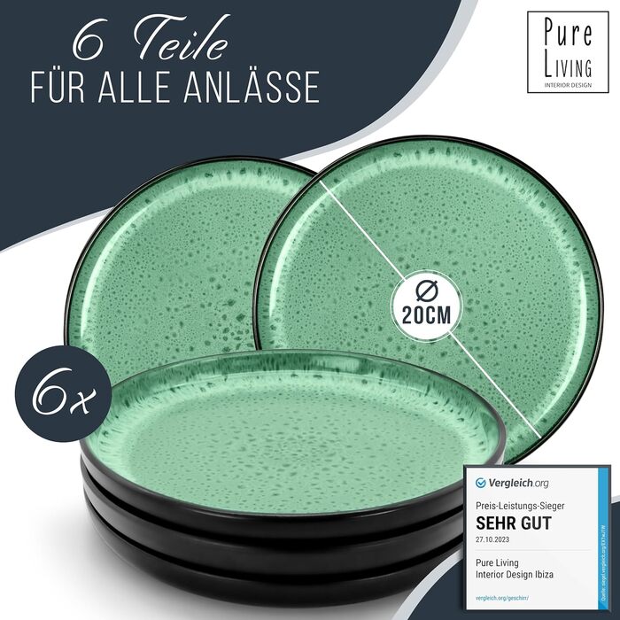 Керамогранітна глибока тарілка ТЕСТ ДУЖЕ ХОРОШИЙ Серія Ibiza Тарілки для макаронів Noble, тарілки для супу Deep стильні тарілки для пасти 6 персон - Набір посуду 6 персон, обідні тарілки, набір посуду Black with (маленькі тарілки (6x), шавлія зелена), 6 ш