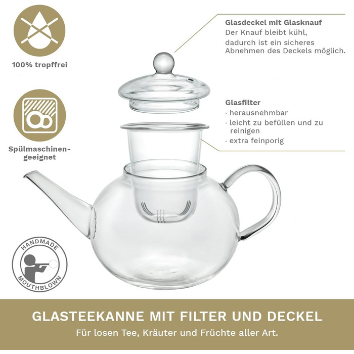 Скляний чайник Creano Glass Teapot з 3 частин із вбудованим ситечком з нержавіючої сталі та скляною кришкою, ідеально підходить для приготування сипучих чаїв, без крапель, універсальний (скляне ситечко 1.2 л)