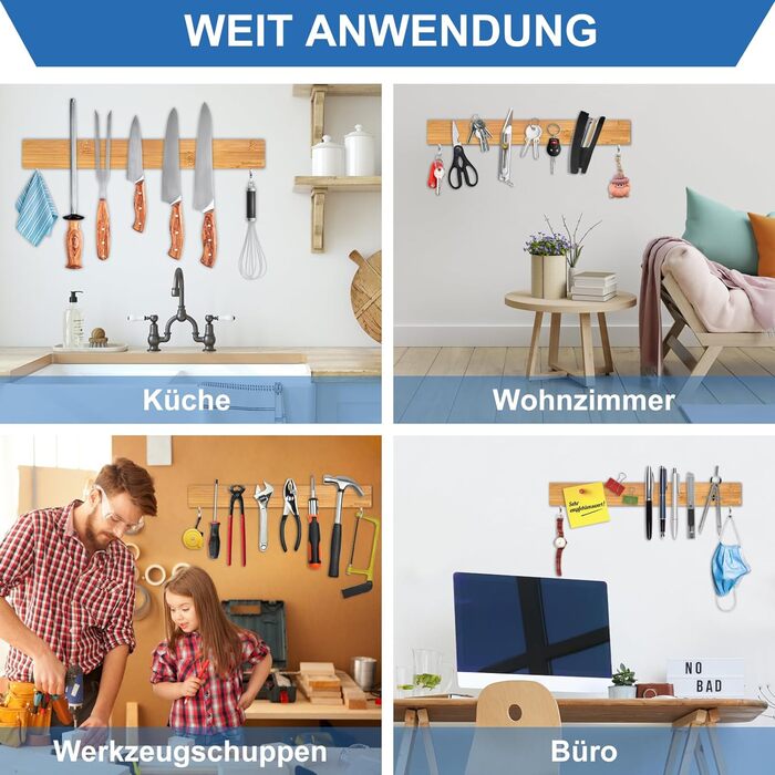 Тримач ножа магнітний з 2 гачками, 40 см дерев'яний з надсильним магнітом (бамбук) Rekehome