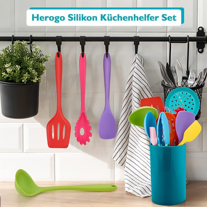 Набор кухонных гаджетов Herogo, набор силиконовой кухонной утвари из 22 предметов с держателем для посуды, термостойкие кухонные столовые приборы, кухонная утварь, здоровая и антипригарная, можно мыть в посудомоечной машине, (красочный)