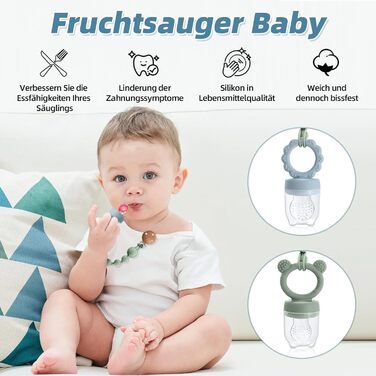 Фруктова пустушка для малюків від 3, 4, 5 та 6 місяців, 2 упаковки дитячої годівниці для фруктового харчування та контейнера для зберігання дитячого харчування, ланцюжок для пустушки та 6 силіконових сосків 3 розмірів, фруктова пустушка для малюків (зелен