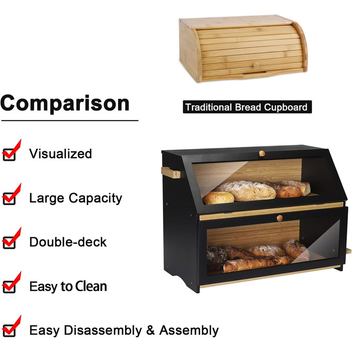 Хлібниця Leader Accessories з бамбука, 2-ярусна, для безпечного зберігання хліба, легкий догляд, 39x25x32 см, чорна (39x25x32 см/15,3&39x9,8&39x12,6&39) (чорна (50x25x37 см/19,7&39x9,8&39x14,5&39))