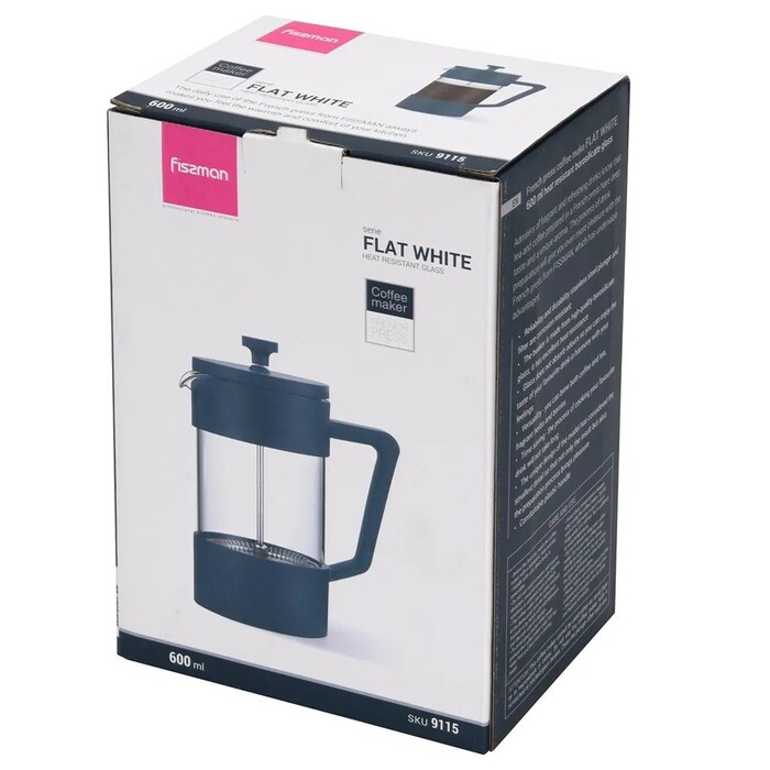 Заварювальний чайник з поршнем Fissman FLAT WHITE 600 мл скляна колба (9115)