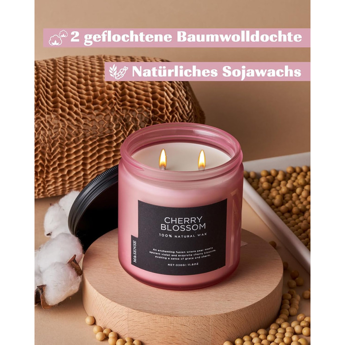 Ароматичні свічки M&SENSE з кавою у скляній банці з 2 гнітами 330 г, час горіння 70 годин, свічка з натурального соєвого воску для спальні, кухні, декору дому, подарункова свічка для чоловіків та жінок, смажена кава (цвітіння вишні)