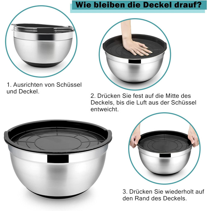 Миска для змішування Herogo, набір салатниць з нержавіючої сталі з 5 предметів із чорною кришкою та нековзною силіконовою основою, набір металевих мисок для випічки, нержавіючої та посудомийної машини (4.5/2.7/1.5/1.2/0.7 л) Чорний 5