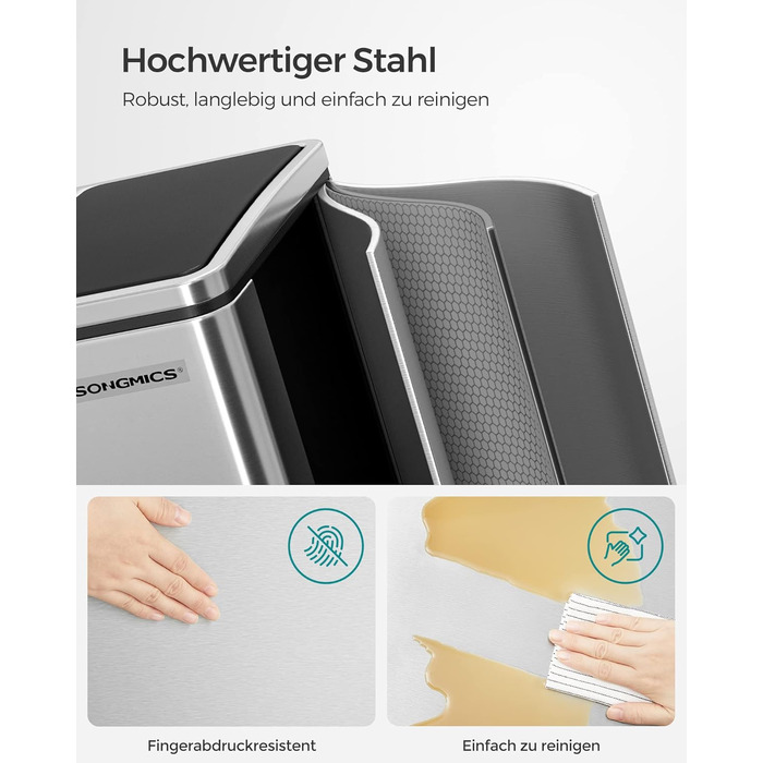 Кухонний контейнер для сміття SONGMICS, 2 x 15 літрів, система розділення сміття, 2 відділення, включаючи 15 мішків для сміття, відро для сміття, відро для сміття з педаллю, перероблені відходи, органічні відходи, кришка з мяким закриттям, LTB30BK (метале