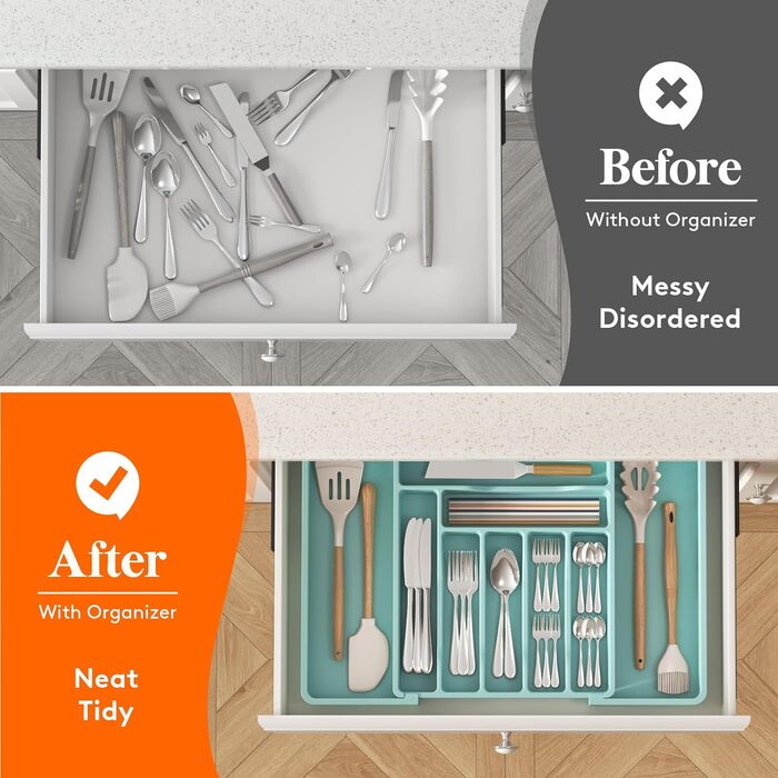 Органайзер для столових приборів 57 х 38 см для шухляд, 9 відділень, бірюзовий Lifewit