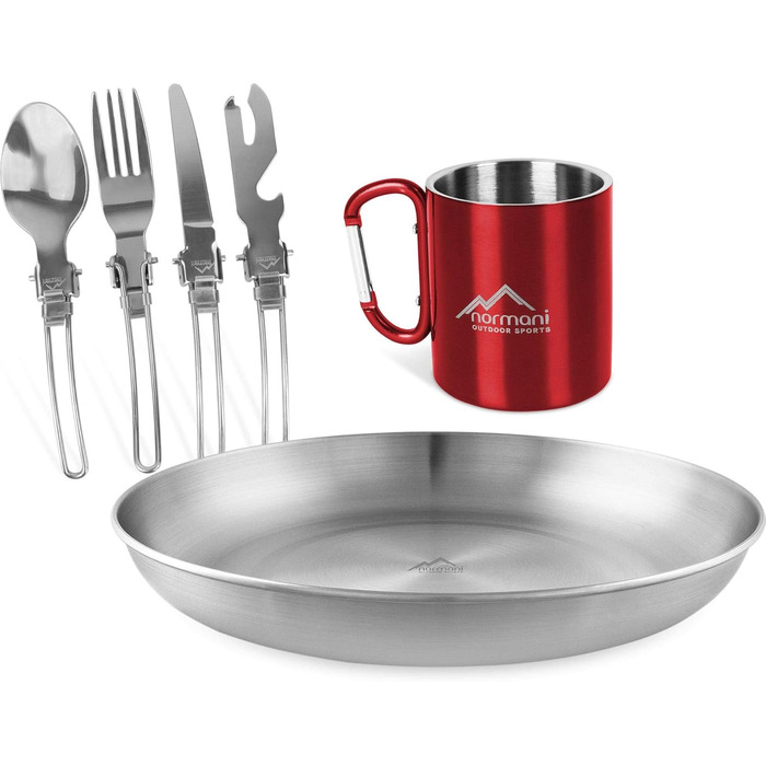 Набір вуличного посуду Normani, що складається з тарілки, чашки та столових приборів із 5 предметів із відкривачкою для пляшок із нержавіючої сталі відкритий, кемпінговий, туристичний (червоний)