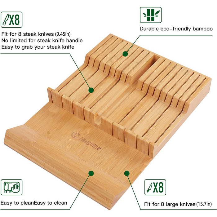 Блок ножів у шухляді для 12 ножів і 1 заточувальний сталевий ніж. (16 органайзерів для ножів) Utoplike