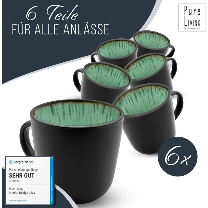 Керамогранітна глибока тарілка ТЕСТ ДУЖЕ ХОРОШИЙ Серія Ibiza Тарілки для макаронів Noble, тарілки для супу Deep стильна тарілка для макаронів 6 персон - Набір посуду 6 персон, обідня тарілка, набір посуду Black with (кухоль (6x), шавлія зелена), 6 шт.