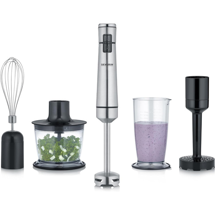 Аккумуляторный ручной блендер SEVERIN с набором премиум-класса, семный блендер, с погружным блендером, мультиизмельчителем, кувшином для блендера, толкушкой и венчиком для картофеля, черная/матовая нержавеющая сталь, SM 3775 CORDLESS, включая аксессуары п