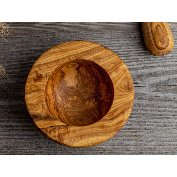 Оливковая ступка и набор пестиков - Ступка - Деревянная ступка - Экологичная ступка для трав и специй Диаметр ок. 12 см (в расплющенном виде Ø 14 см)