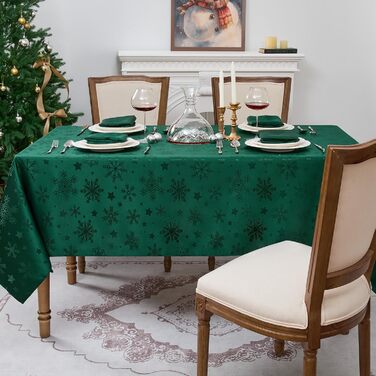 Велика різдвяна скатертина Romanstile, яку можна прати та вона водовідштовхувальна, жакардові зірки та сніжинки, квадратна скатертина XXL для зими, різдвяної прикраси, вечірки, Різдва (140 x 240 см, темно-зелена)