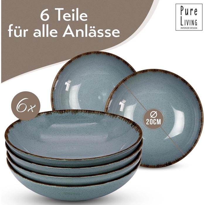 Набор посуды из керамогранита на 6 персон рустик 24 предм. - Набор посуды в деревенском стиле, можно мыть в посудомоечной машине - Набор мисок и тарелок - Посуда Pure Living (глубокие тарелки (6x), дымчато-синий)