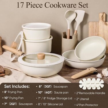 Набір посуду CAROTE з каструль та сковорідок, набори посуду з антипригарним покриттям, кухонний гарнітур із 19 предметів, придатний для духовки/холодильника, компактний набір каструль, антипригарний набір з універсальним знімним/відємним покриттям (кремов