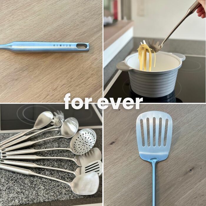 Набір кухонного начиння KIMIJO з 7 предметів з нержавіючої сталі - Високоякісне кухонне начиння для воку та кухні - Ложка для сервірування, шумівка, лопатка, ложка для перевертання риби, ополоник, ложка для спагетті та ложка для перевертання воку