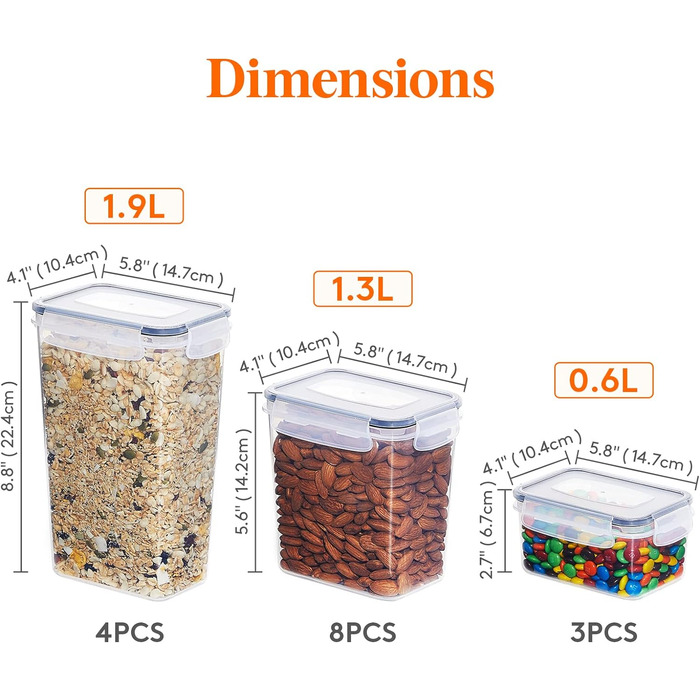 Банки для зберігання Lifewit з кришками 15 комплектів, контейнери для зберігання з універсальними кришками, герметична коробка для зберігання Кухонний органайзер з етикетками для зерна, борошна, цукру, пластівців на кухні, прямокутний без бісфенолу А (наб