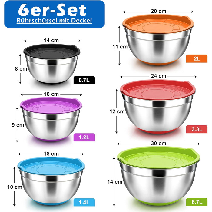 Набір мисок для змішування Herogo з 6 шт. , набір салатниць з нержавіючої сталі з герметичною кришкою та нековзним дном, чудово підходить для приготування/випічки/зберігання/сервірування, штабельований, 0,7 л/1,2 л/1,4 л/2 л/3,3 л/6,7 л барвистий
