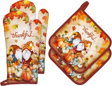 Набір з 2 кухонних рукавиць та підставок для каструль Arquiel Gnome Autumn Orange Checked, 100 бавовняні кулінарні рукавички, термостійкі кухонні рукавички для приготування їжі, осінній декор, подарунки для жінок (осінній гном, духовка*2 підставка для кас