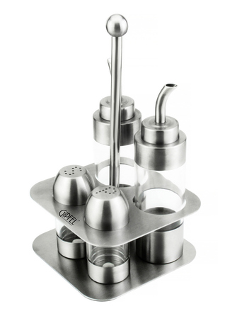 GIPFEL Набір сервірувальний з 5 пр. (2 диспенсери 180мл для олії та оцту, сільничка, перечниця, підставка) Матеріал: нерж.сталь 18/10, пла 6294 GIPFEL