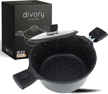 Кастрюля 20 см со съемными ручками и крышкой, черная DIVORY