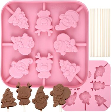 Силіконова форма для шоколаду - 8 отворів, ялинка, олень, сніговик та Санта-Клаус, форми для льодяників на паличці для домашнього шоколаду, цукерок, желе, з 20 паличками (1 упаковка)