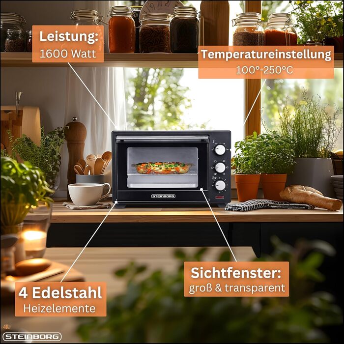 Міні-піч STEInBORG 25 літрів Піч для піци Духовка 3-в-1 Міні-піч Піддон для крихт Верхній/нижній нагрів Конвекція Таймер на 60 хвилин 1600 Вт