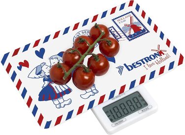 Цифровые кухонные весы Bestron с ЖК-дисплеем, Ретро-дизайн, Сладкие сны, Грузоподемность 5 кг, Точность до 1 г, Стекло, Розовый (Белый/Синий (Я люблю Голландию))