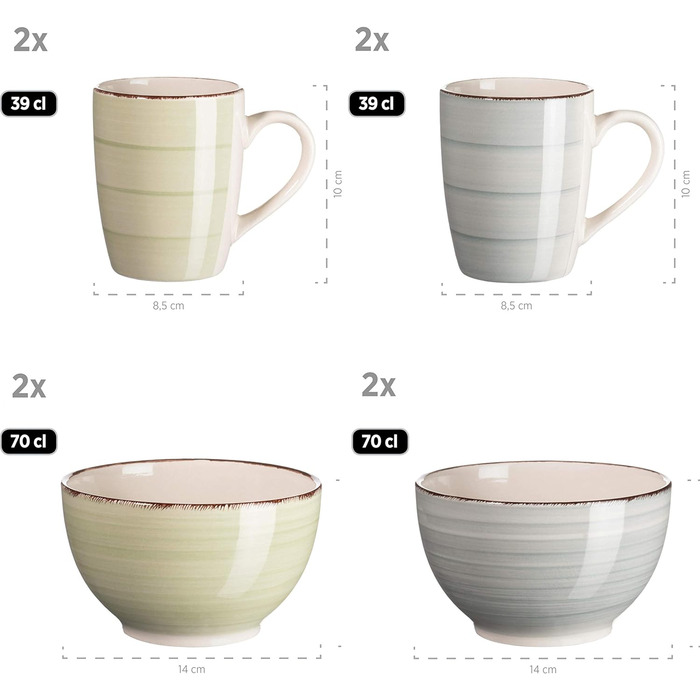 Набор винтажной посуды из 16 предметов на 4 персоны, керамическая роспись ручной росписи, красочный, керамогранит, (дымчато-синий/зеленый), 931499 Bel Tempo II