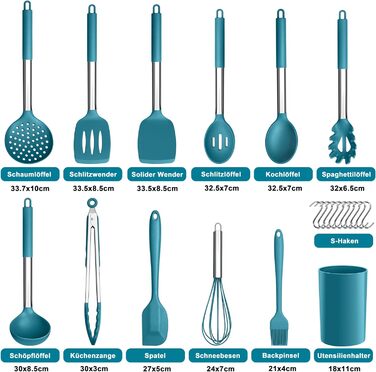 Набір силіконових кухонних гаджетів Herogo, набір кухонного посуду з 22 предметів Набір кухонних столових приборів із тримачем для посуду, термостійке кухонне начиння з ручкою з нержавіючої сталі, антипригарне та здорове (синій)