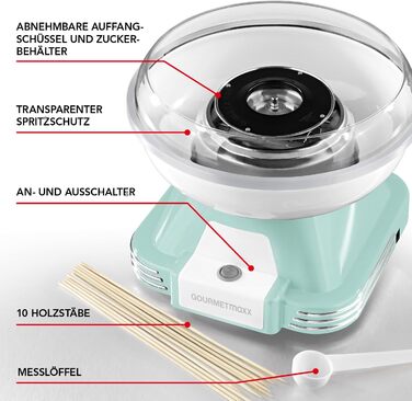 Апарат для виробництва цукрової вати GOURMETmaxx для дому з аксесуарами Ретро-апарат для виробництва цукрової вати Ностальгія з паличками для цукрової вати та мірною ложкою Цукрова вата для дитячих свят Білий (М&39ятний)