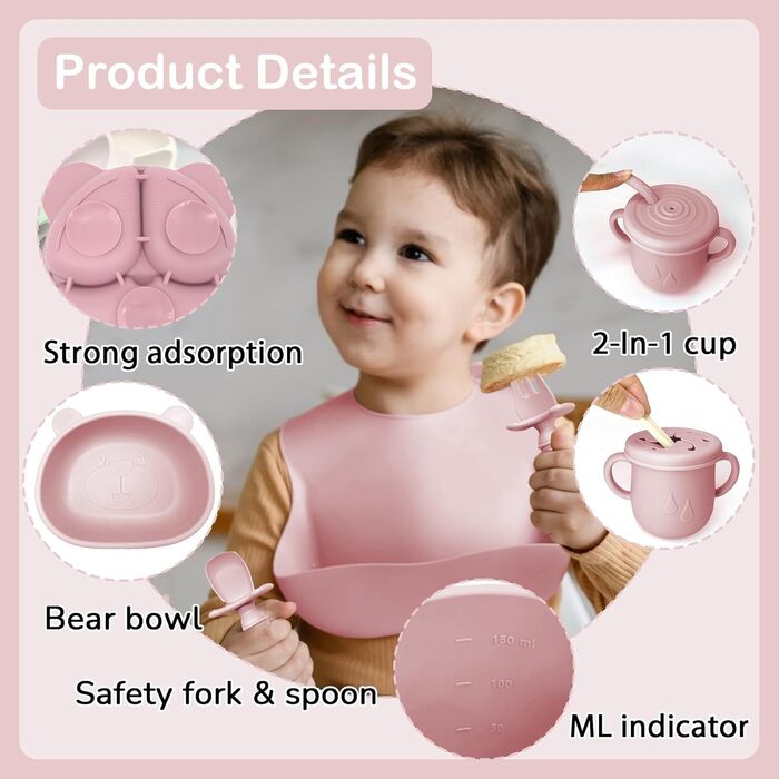 Силіконовий набір дитячого столового посуду Bizcasa з 9 предметів, нековзкий набір дитячого столового посуду, дитячий столовий посуд із присоскою, нековзна дитяча миска, дитяча тарілка, дитячий набір столових приладів для малюків, без бісфенолу А (світло-