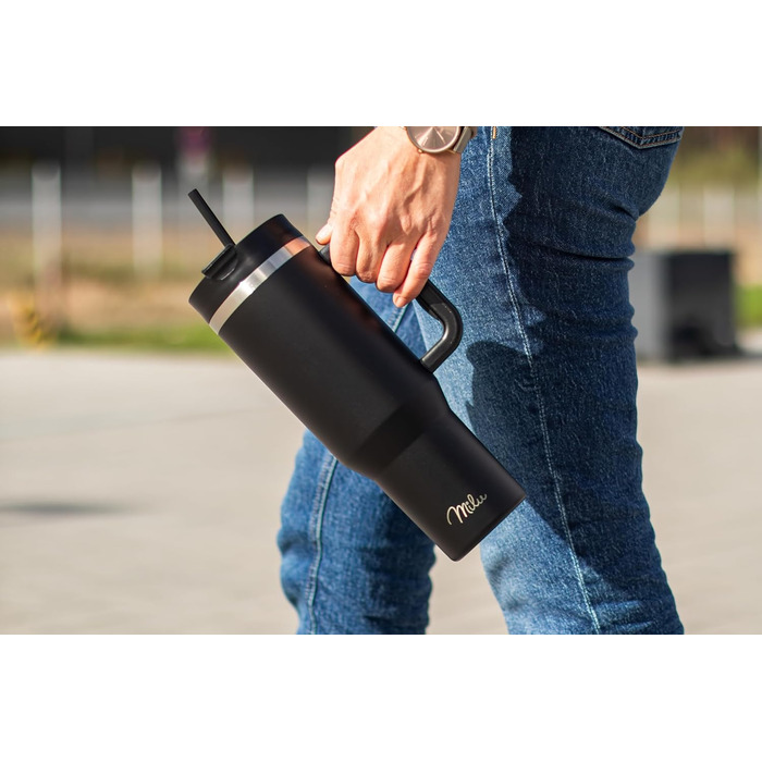 Термокружка 1200 мл с трубочкой и ручкой, черная Milu