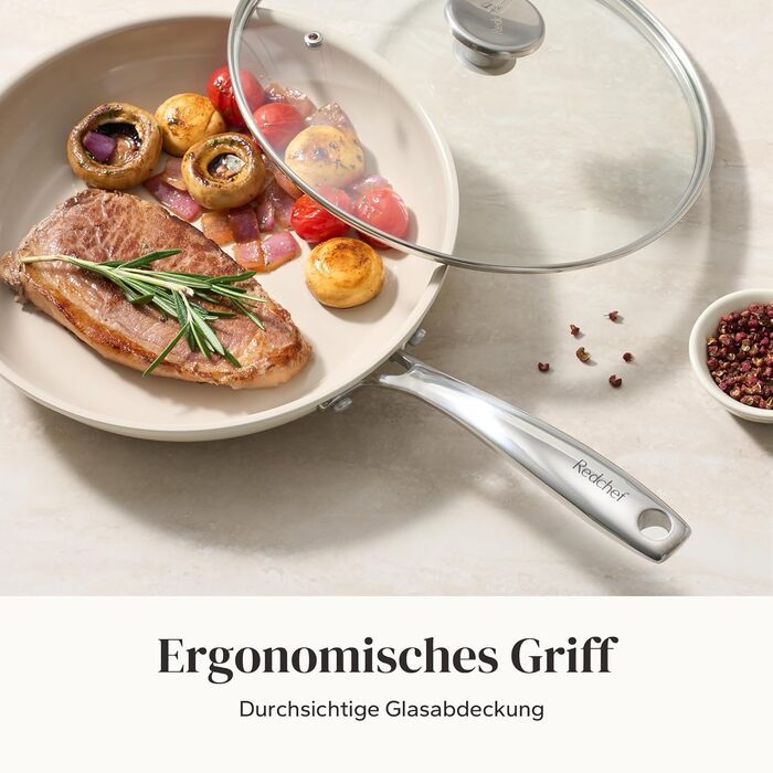 Набор индукционных сковородок со стеклянными крышками, 6 предметов 20, 24, 28 см, бежевый Redchef