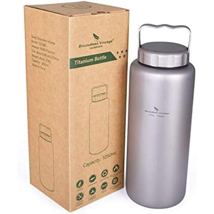 Безмежна титанова чашка Voyage з титановою спортивною пляшкою для води з плоскою кришкою 35.5 рідких унцій/1050 мл ультралегка, герметична для кемпінгу на відкритому повітрі, піших прогулянок (Ti1506b)