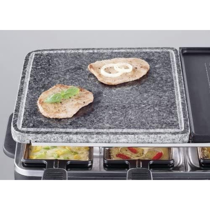 Раклет-гриль SEVERIN з натуральним каменем для гриля та пластиною для гриля, раклет з антипригарною пластиною для гриля та 8 сковородами, настільний гриль на 8 осіб, макс. 1300 Вт, чорний, RG 2371 (регульований термостат)