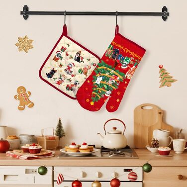 Набір з 2 різдвяних рукавичок для духовки та підставок для каструль Arquiel, 100 бавовняні кулінарні рукавички, термостійкі кухонні рукавички для приготування їжі, різдвяний декор для кухні, подарунки для жінок (різдвяна ялинка 02, рукавички для духовки п