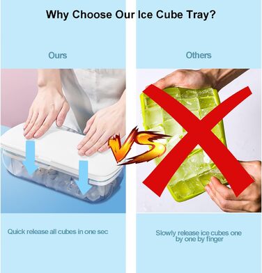 Форма для кубиків льоду, безпечна для харчових продуктів форма для кубиків льоду з кришкою та контейнером, видаляє всі кубики льоду за одну секунду, 64 кубики льоду (Синя форма для кубиків льоду) (Біла)
