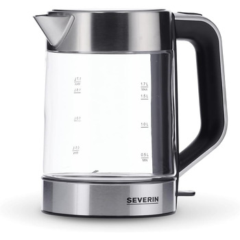 Скляний чайник SEVERIN з об'ємом наповнення 1,7 л XXL, потужний і компактний чайник у високоякісному дизайні, електрочайник з фільтром від накипу, 2200 Вт, скло з нержавіючої сталі, WK 3420 одинарний