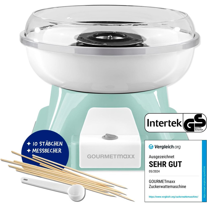 Апарат для виробництва цукрової вати GOURMETmaxx для дому з аксесуарами Ретро-апарат для виробництва цукрової вати Ностальгія з паличками для цукрової вати та мірною ложкою Цукрова вата для дитячих свят Білий (М&39ятний)