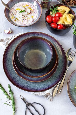 Керамічний набір посуду на 4 персони із зелено-коричневою реактивною глазур'ю, комбінований сервіз із 20 предметів у сучасних стриманих формах купе, керамограніт (обідня тарілка), 934100 Series Teona