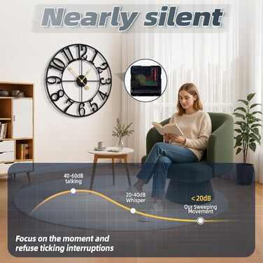 Великий круглий металевий настінний годинник у вінтажному стилі з безшумним нецокаючим годинником на батарейках 40 см, 16-дюймові римські цифри, годинники для вітальні, спальні, кухні, настінний годинник-прикраса (чорні арабські цифри, 80 см)